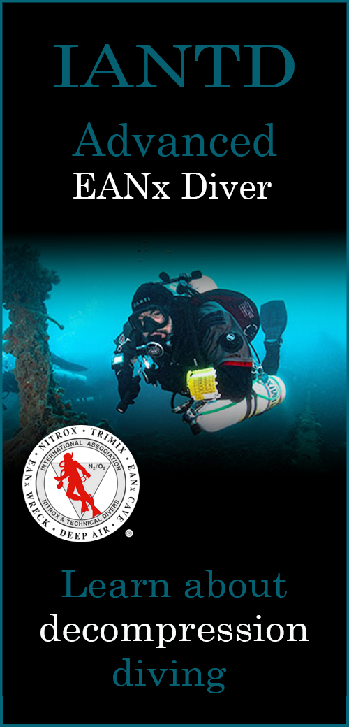 Poster met technische duiker voor de IANTD- cursus 'Advanced EANx Diver', waarin mensen leren duiken met decompressiegassen.